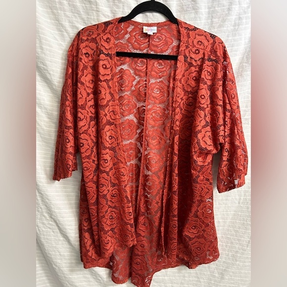 Lularoe Lindsey Sheer Orange Roses 3/4 Sleeve Open Front Shrug Cardigan Sz M - Picture 1 of 7